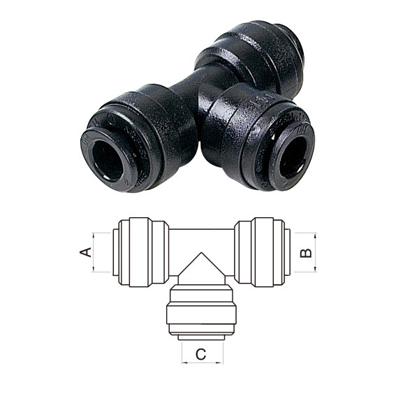 Intermedio a T Ø tubo (A)18MM x (B)3/8" x (C)3/8"