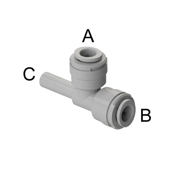 Tee con codolo laterale Ø tubo - Ø codolo (A)3/8" x (B)3/8" x (C)3/8"